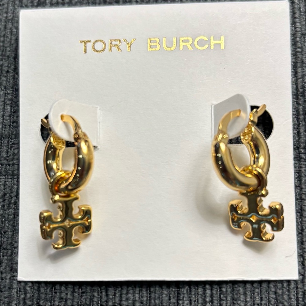 TORY BURCH GOLD KIRA LOGO HUGGIE HOOP EARRINGS - Picture 8 of 8